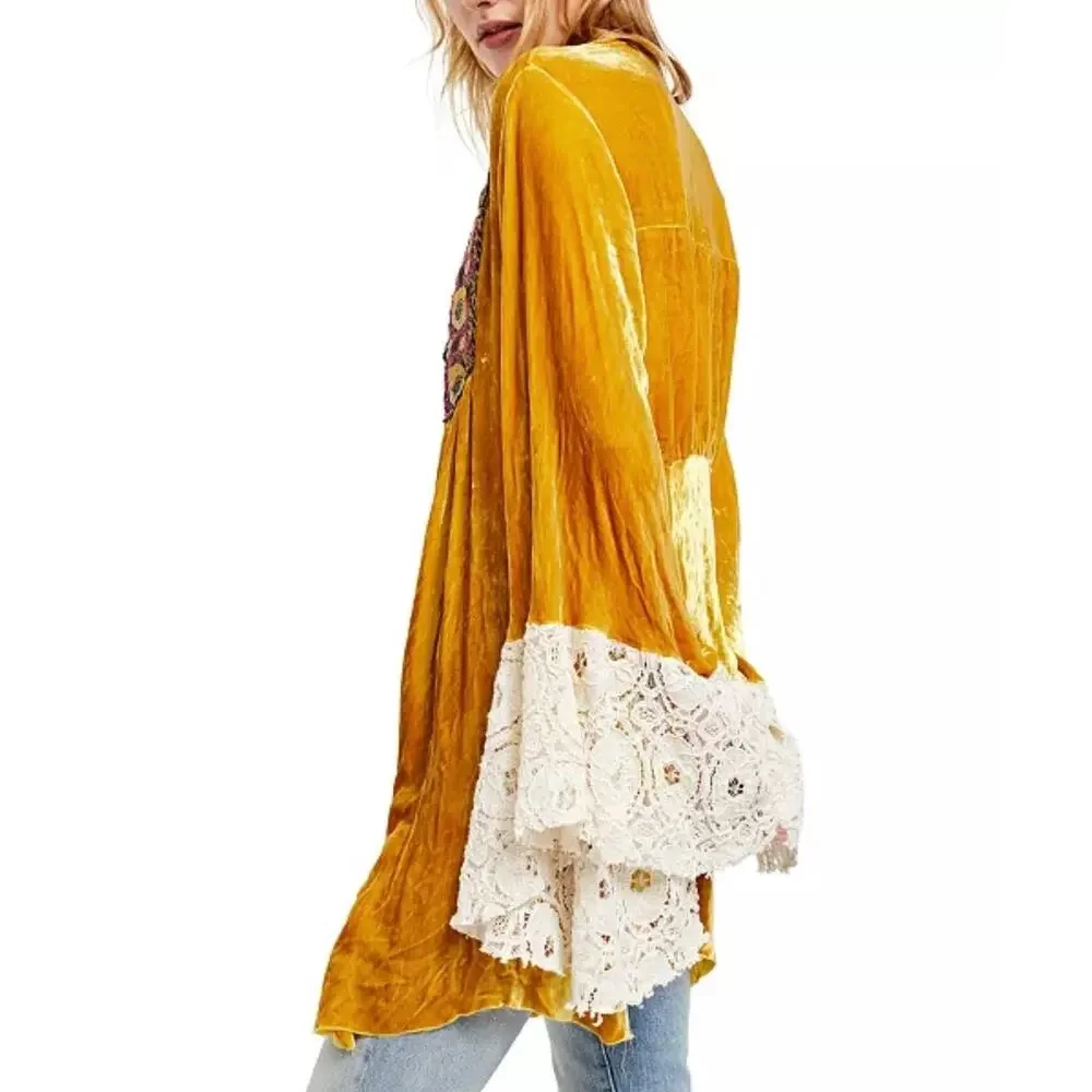 Free People Wanderlust Jacket XS Velvet Renaissance Embroidered Lace Sweater